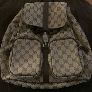 Auth Gucci GG Backpack Canvas Leather Brown